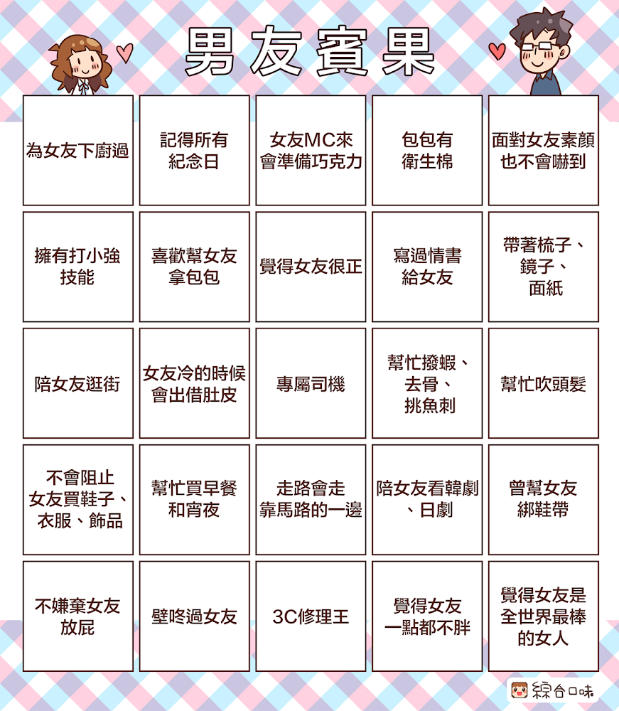 男友賓果+女友賓果！測試你是否為男/女友界的模範！