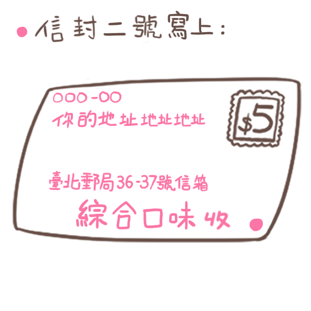 另一個「信封二號」則在收件人寫上「綜合口味」,收件地址寫上「臺北郵局36-37號信箱」,寄送地址寫你自己的地址。 另一個「信封二號」則在收件人寫上「綜合口味」,收件地址寫上「臺北郵局36-37號信箱」,寄送地址寫你自己的地址。