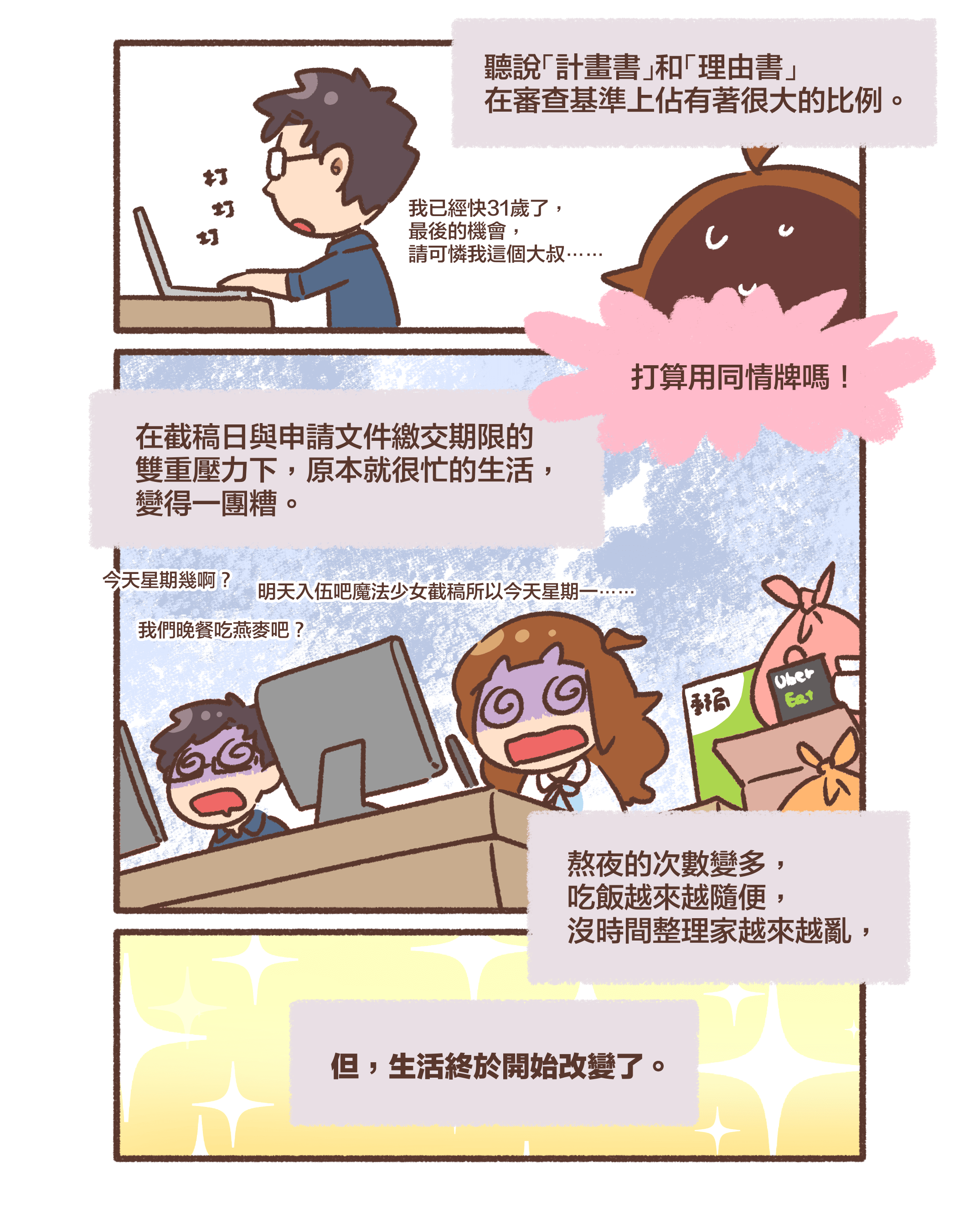 聽說「計畫書」和「理由書」 在審查基準上佔有著很大的比例。我已經快31歲了，最後的機會，請可憐我這個大叔⋯⋯打算用同情牌嗎！在截稿日與申請文件繳交期限的雙重壓力下，原本就很忙的生活，變得一團糟。今天星期幾啊？明天入伍吧魔法少女截稿所以今天星期一⋯⋯我們晚餐吃燕麥吧？熬夜的次數變多，吃飯越來越隨便，沒時間整理家越來越亂，但，生活終於開始改變了。
