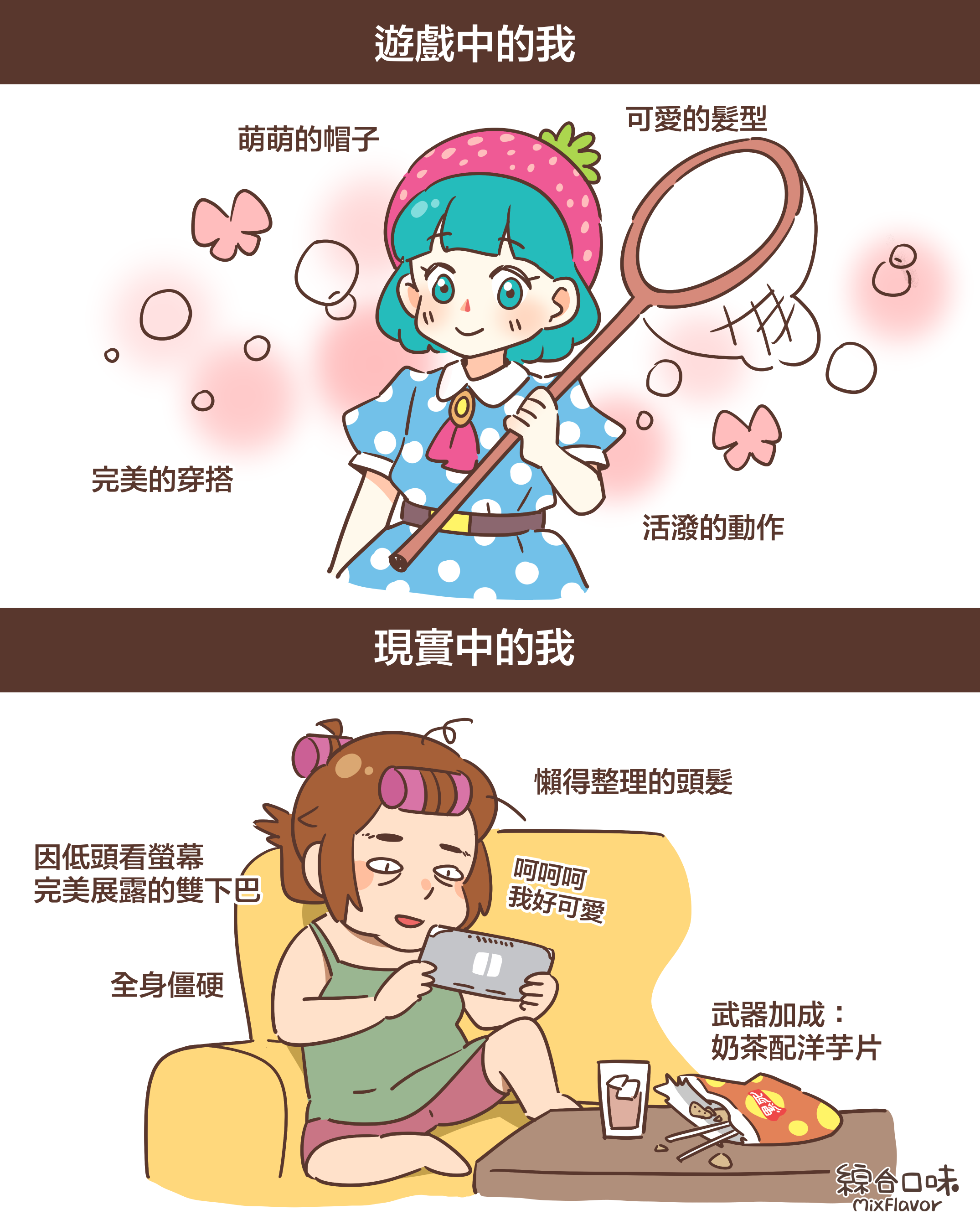 因低頭看螢幕 完美展露的雙下巴懶得整理的頭髮全身僵硬呵呵呵 我好可愛武器加成: 奶茶配洋芋片遊戲中的我萌萌的帽子可愛的髮型完美的穿搭活潑的動作現實中的我