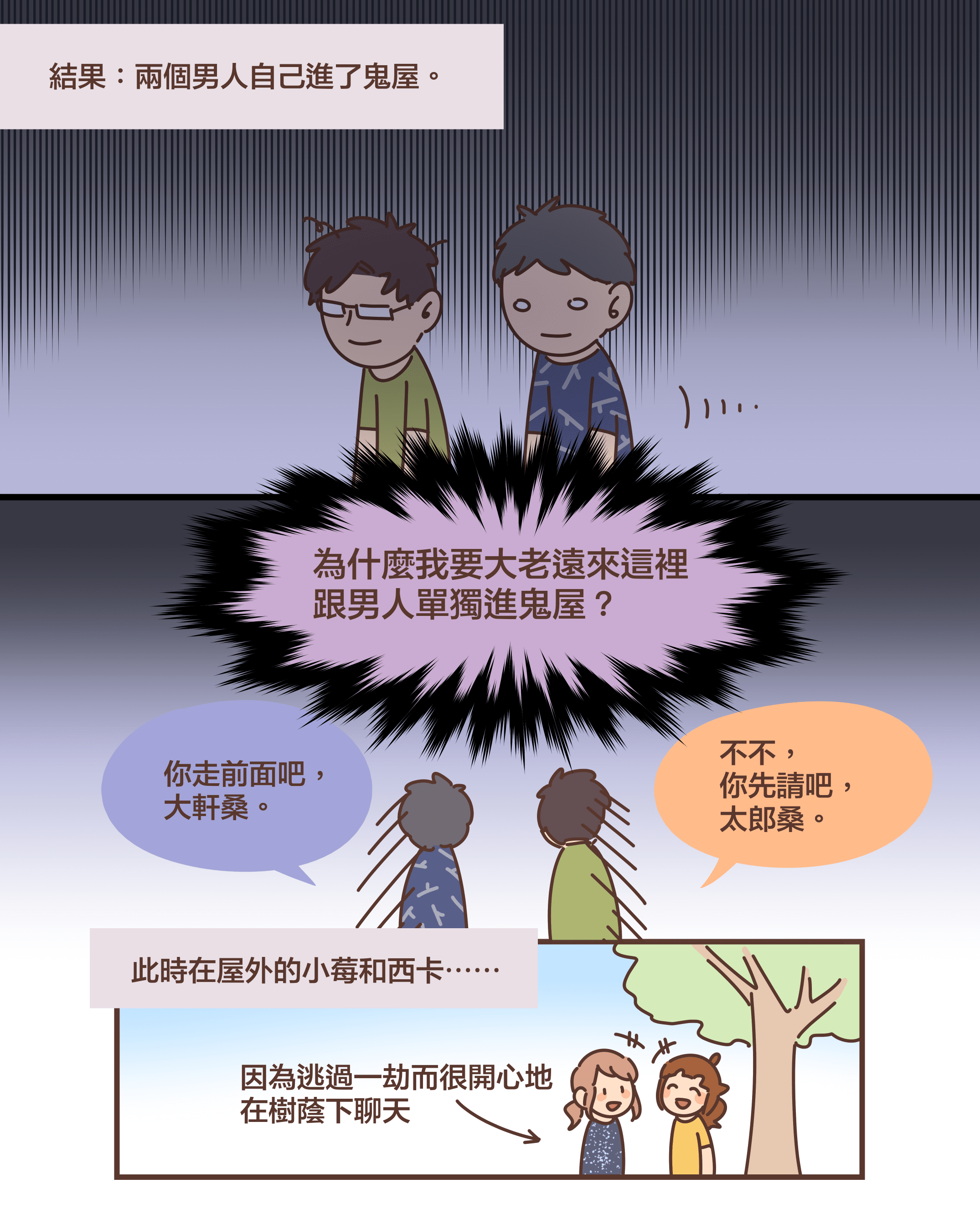 結果:兩個男人自己進了鬼屋。為什麼我要大老遠來這裡 跟男人單獨進鬼屋?你走前面吧, 大軒桑。不不, 你先請吧, 太郎桑。此時在屋外的小莓和西卡⋯⋯因為逃過一劫而很開心地 在樹蔭下聊天