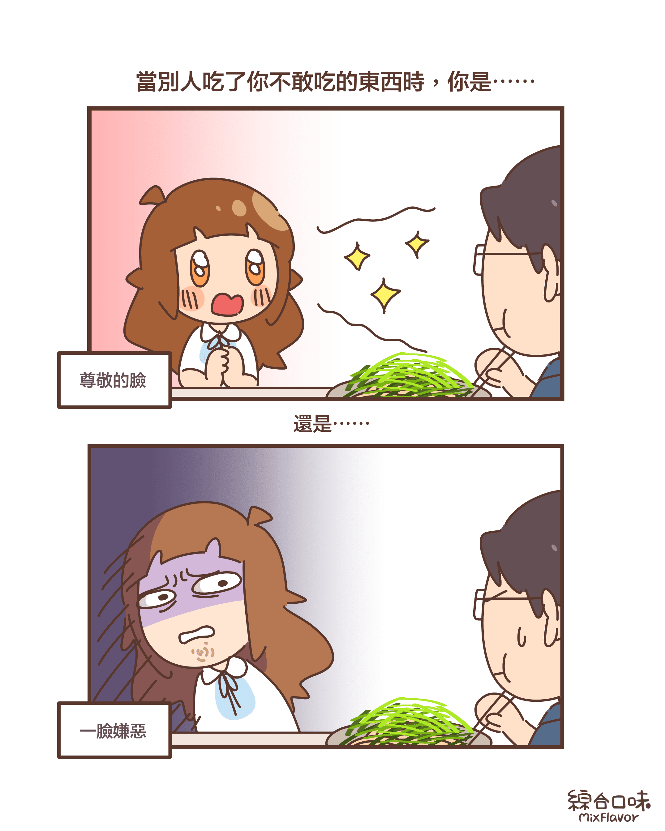 當別人吃了你不敢吃的東西時，你是⋯⋯尊敬的臉還是⋯⋯一臉嫌惡