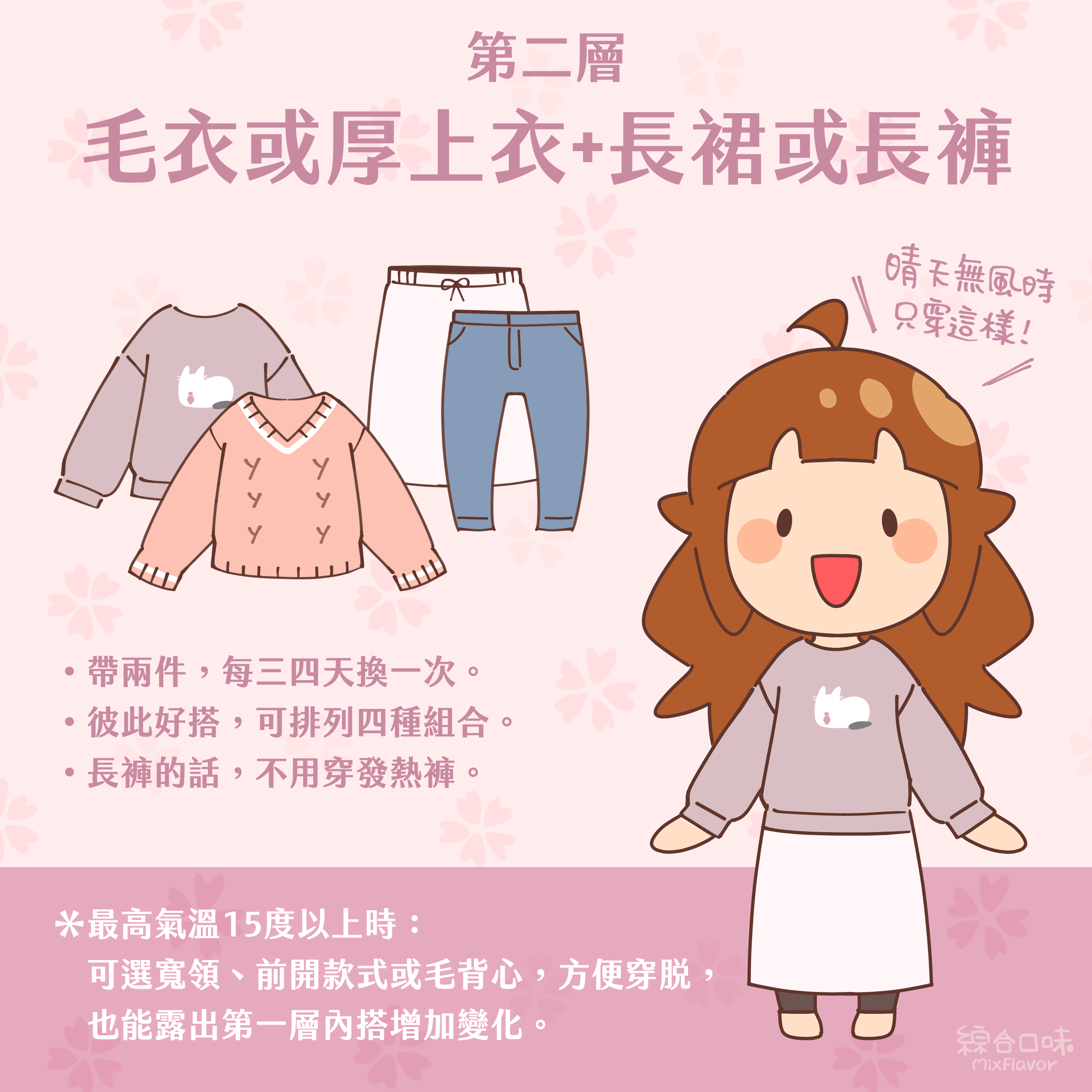 第二層
毛衣或厚上衣+長裙或長褲
晴天無風時只穿這樣!
•帶兩件,每三四天換一次。
•彼此好搭,可排列四種組合。
•長褲的話,不用穿發熱褲。
*最高氣溫15度以上時:
可選寬領、前開款式或毛背心,方便穿脫,也能露出第一層內搭增加變化。