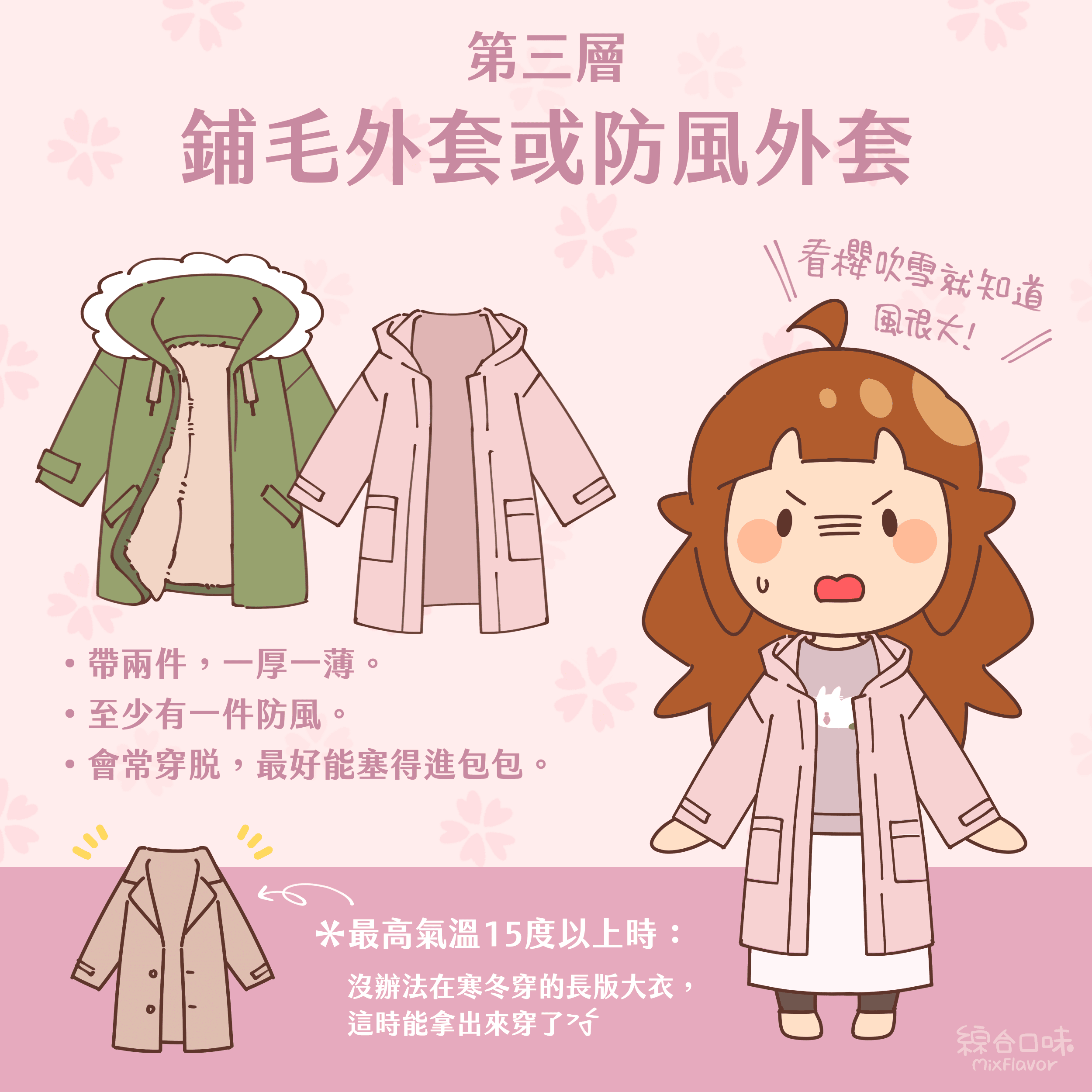 第三層
鋪毛外套或防風外套
看櫻吹雪就知道風很大!
•帶兩件,一厚一薄。
。至少有一件防風。
•會常穿脱,最好能塞得進包包。
*最高氣溫15度以上時:
沒辦法在寒冬穿的長版大衣,這時能拿出來穿了